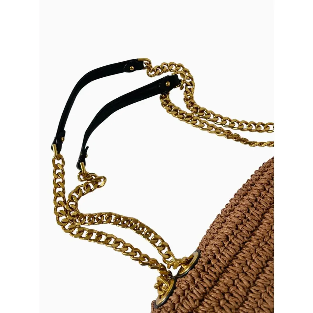 Rebecca Minkoff Edie Medium Crossbody Tawny Brown Raffia Straw Chain Bag